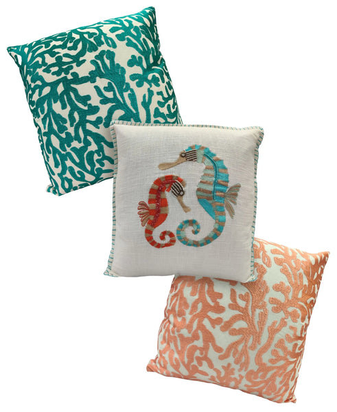 18" X 18" Red & Teal Two Seahorses Embroidery Throw Pillow home decor - Mod Lifestyles