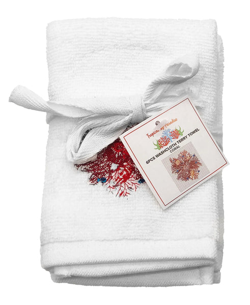 6-pc Coral Embroidery Terry Towel, 12''x 12'' home decor - Mod Lifestyles