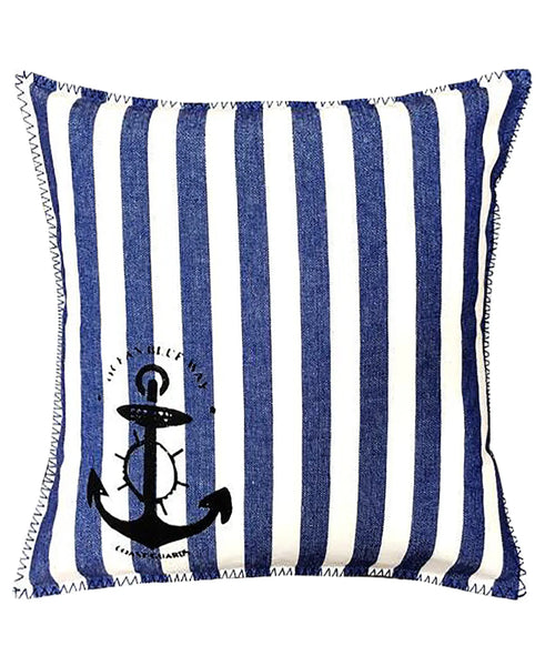 Cotton Nautical Stripe Anchor Stamped Print Decorative Pillow, 20" X 20" home decor - Mod Lifestyles