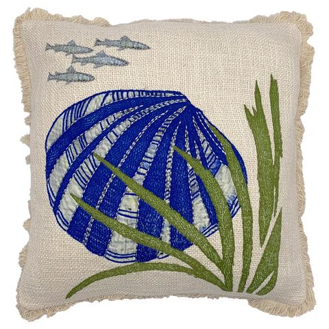 18" X 18" Blue Shell and Seaweed Embroidery Throw Pillow home decor - Mod Lifestyles