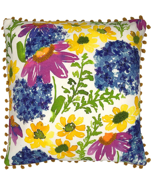 Bohemian Floral Digital Print and Embroidery Pillow with Pompoms, 20''x20'' home decor - Mod Lifestyles