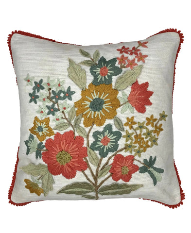 Bouquet of Flowers Embroidery Pillow with Fringe, 18''x18'' home decor - Mod Lifestyles