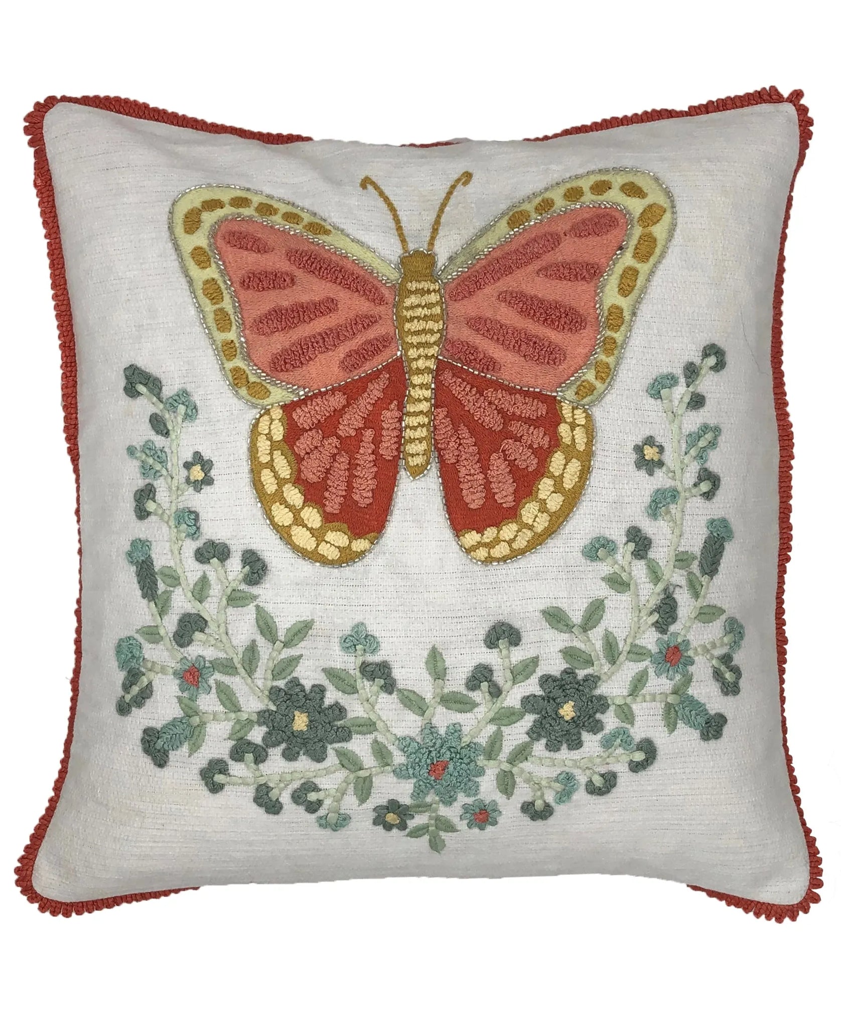 Butterfly Embroidery Pillow with Fringe, 18''x18'' home decor - Mod Lifestyles