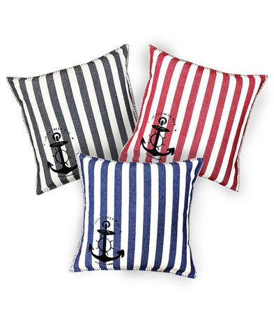 Cotton Nautical Stripe Anchor Stamped Print Decorative Pillow, 20" X 20" home decor - Mod Lifestyles