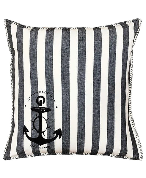 Cotton Nautical Stripe Anchor Stamped Print Decorative Pillow, 20" X 20" home decor - Mod Lifestyles