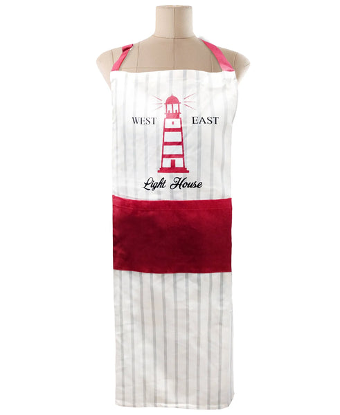 Free-size Red/Grey  Tie-back Adjustable Apron, West-East Lighthouse Print Mod Lifestyles