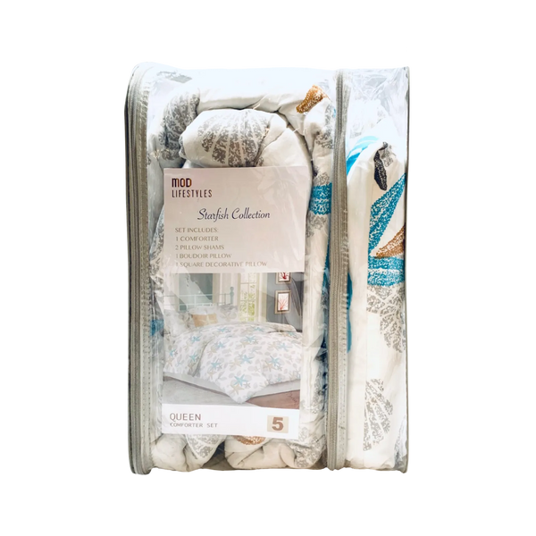 Blue and Natural Starfish Queen Comforter Set, 88" X 94" home decor - Mod Lifestyles