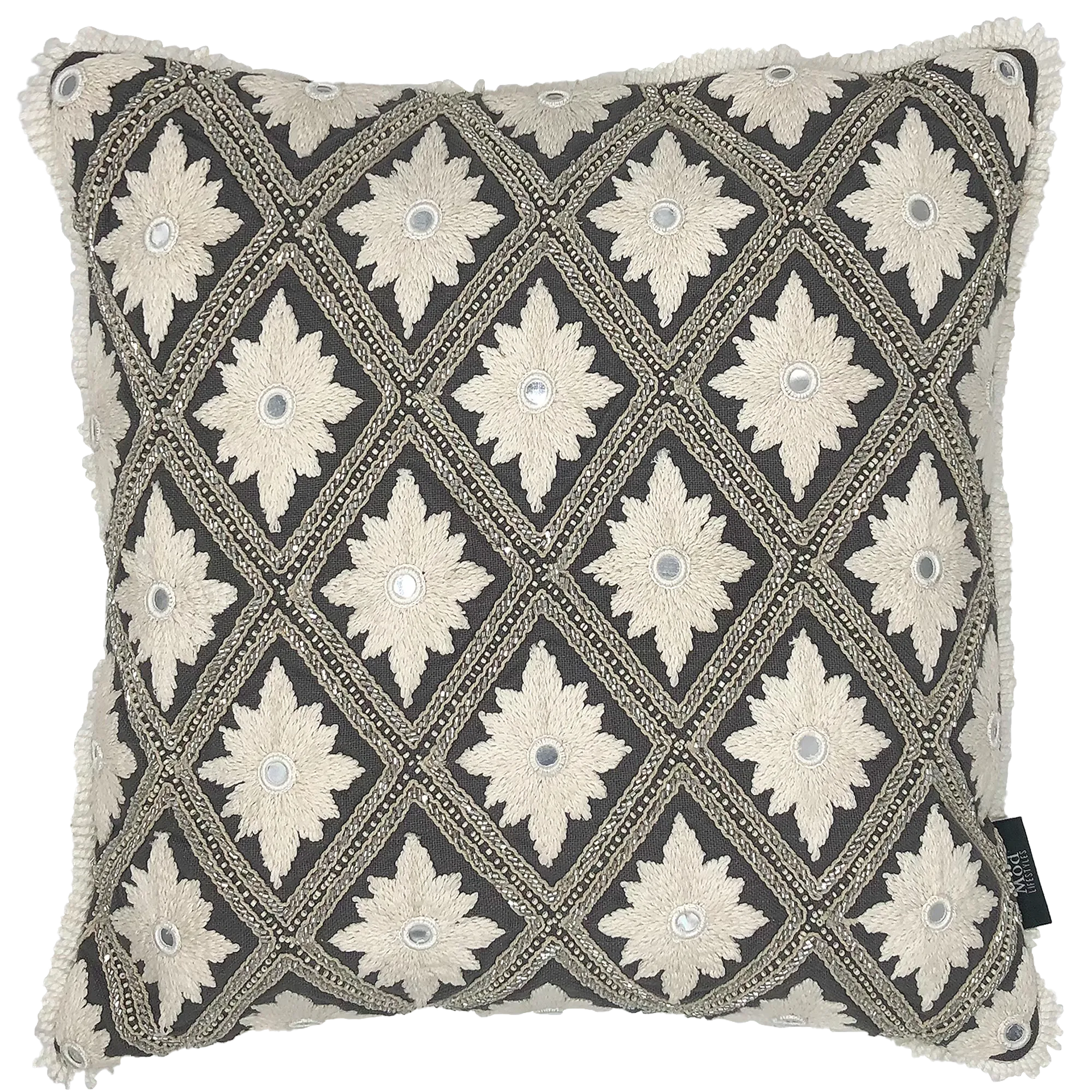 Geometric Embroidery Pillow with Fringe, 18''x18'' home decor - Mod Lifestyles