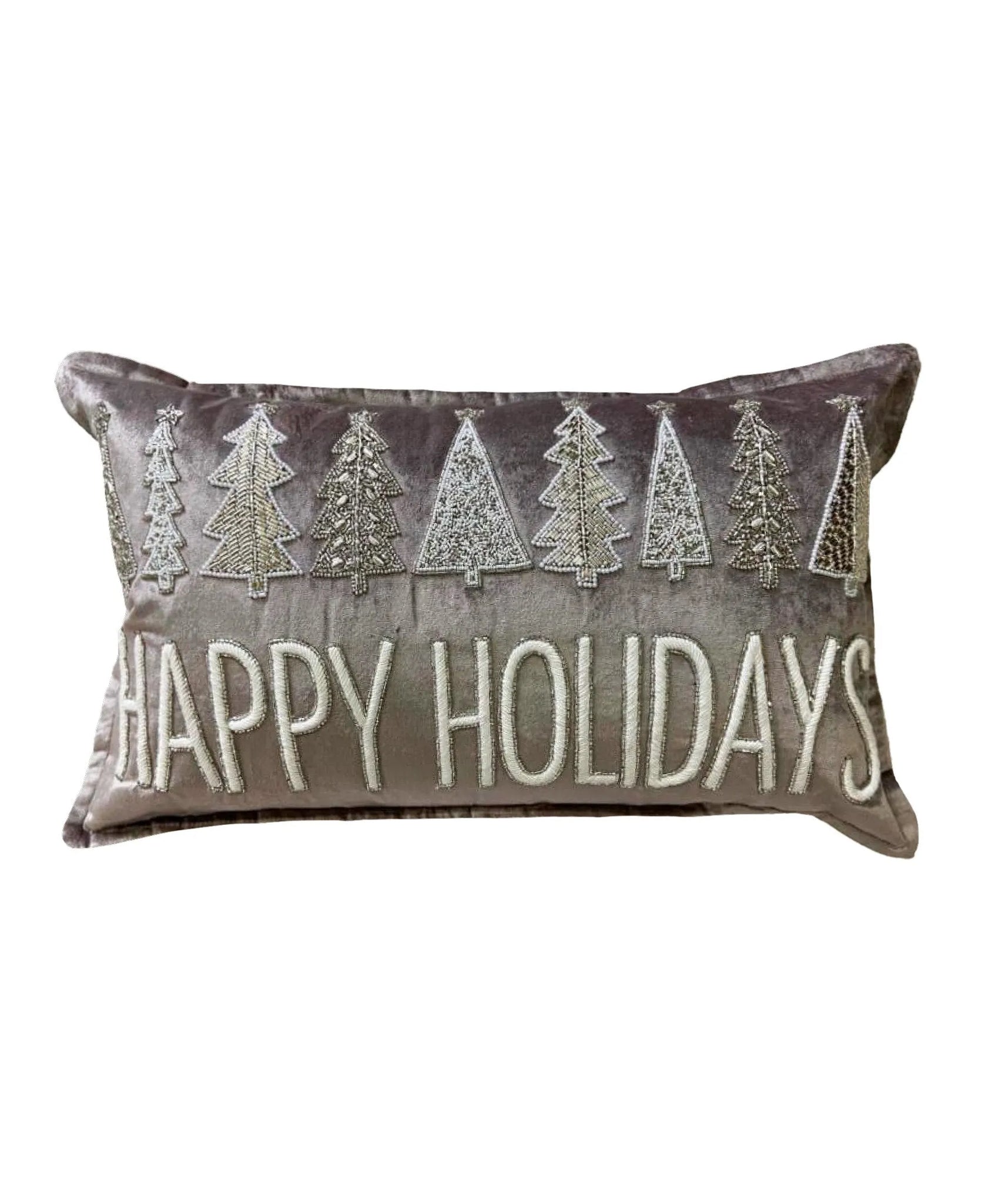 Happy Holidays Emroidery and Beaded Pillow, Grey - 14" x 24" home decor - Mod Lifestyles