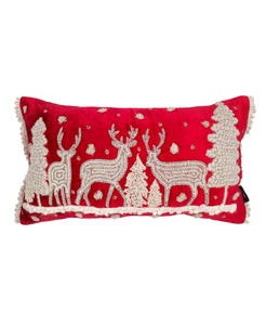 Reindeer Embroidery & Beaded Christmas Pillow, Red - 14" x 26" home decor - Mod Lifestyles