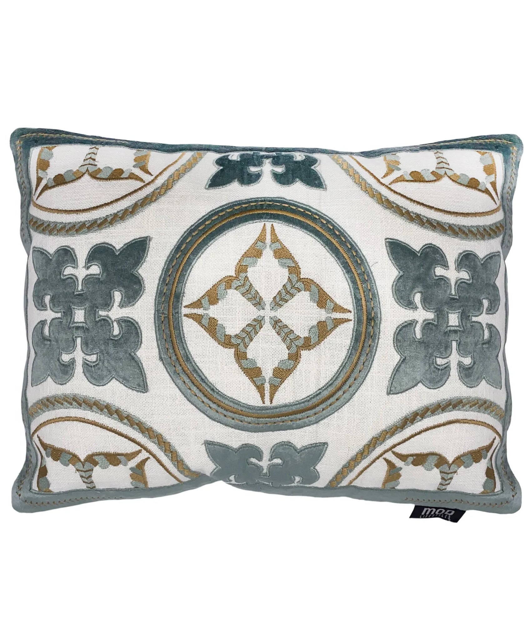 Sky Grey Cotton Velvet Patches Medallion Decorative Lumbar Pillow, 13" X 18" home decor - Mod Lifestyles