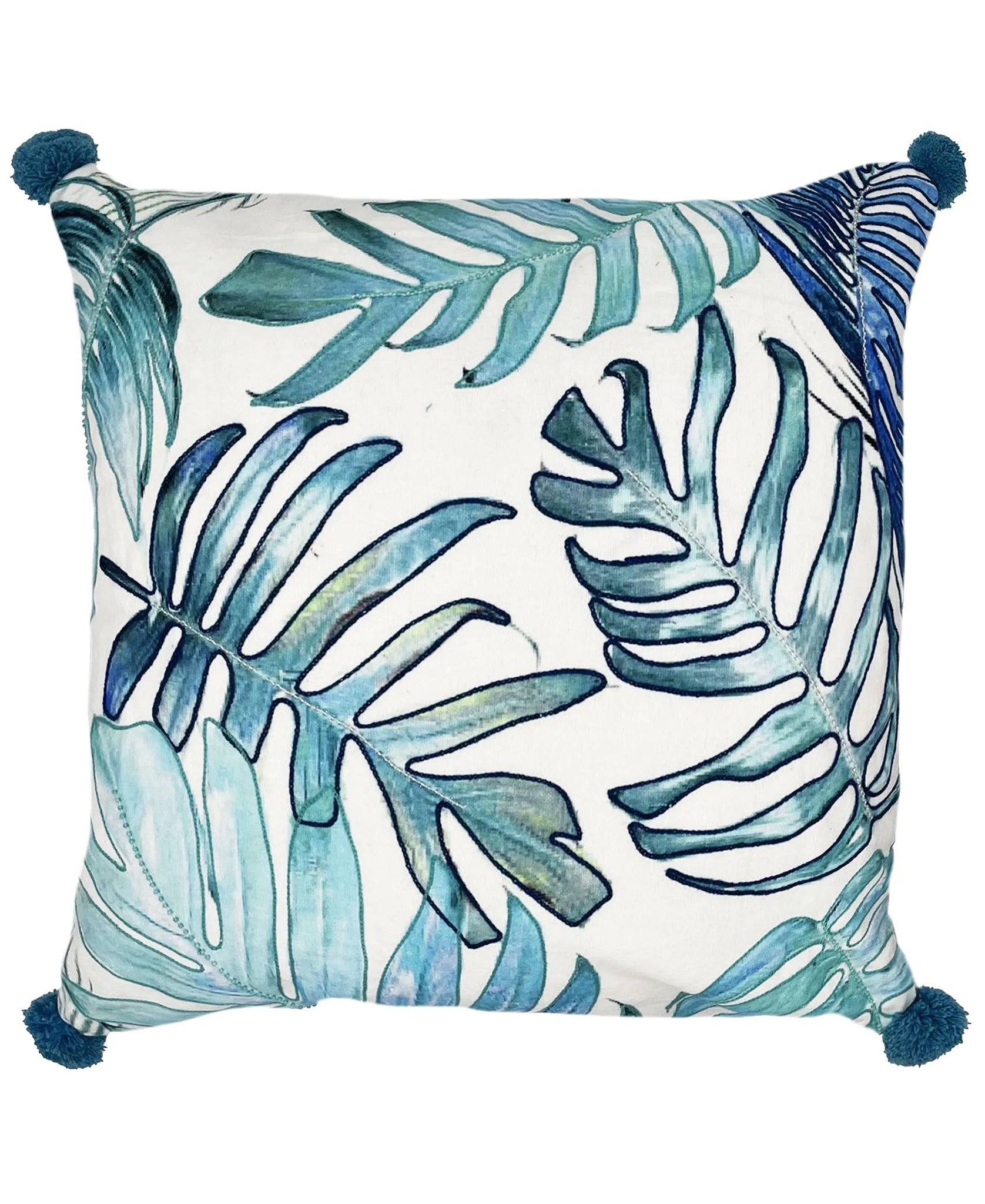 Tropical Leaves Embroidery Pillow with Pom poms, 20''x20'' home decor - Mod Lifestyles