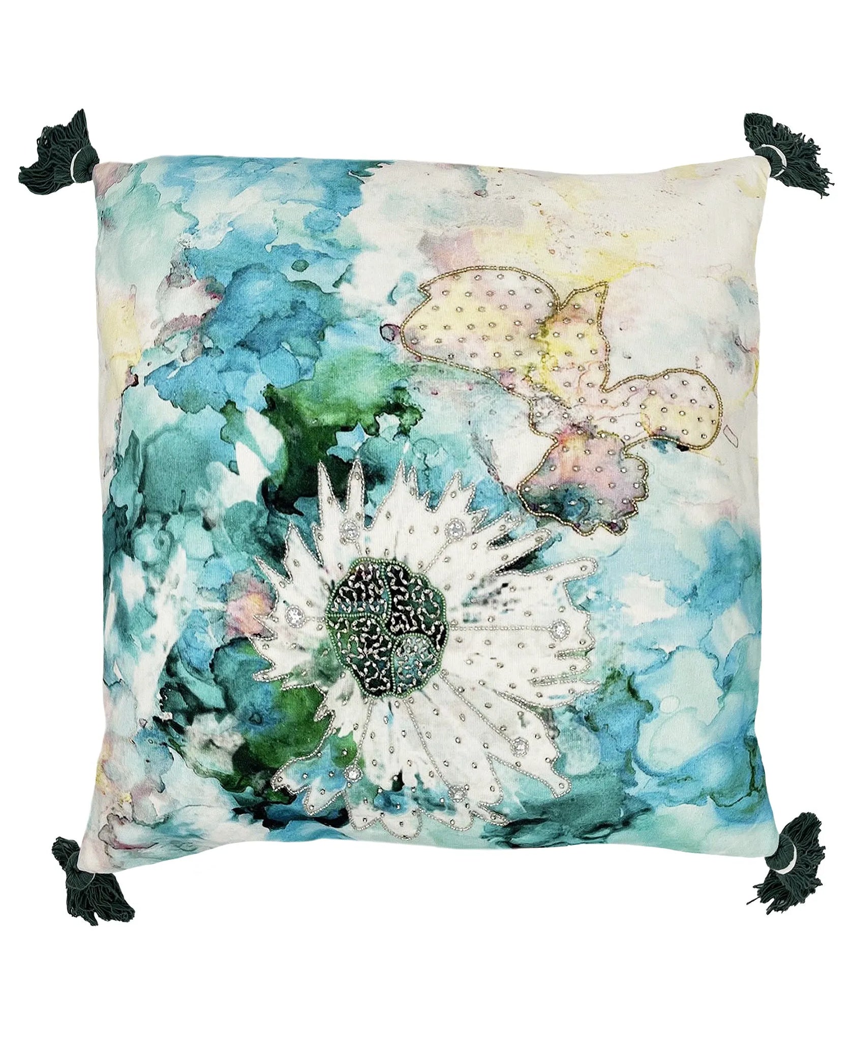 Watercolor Flower Pillow with Tassels, 20''x20'' home decor - Mod Lifestyles